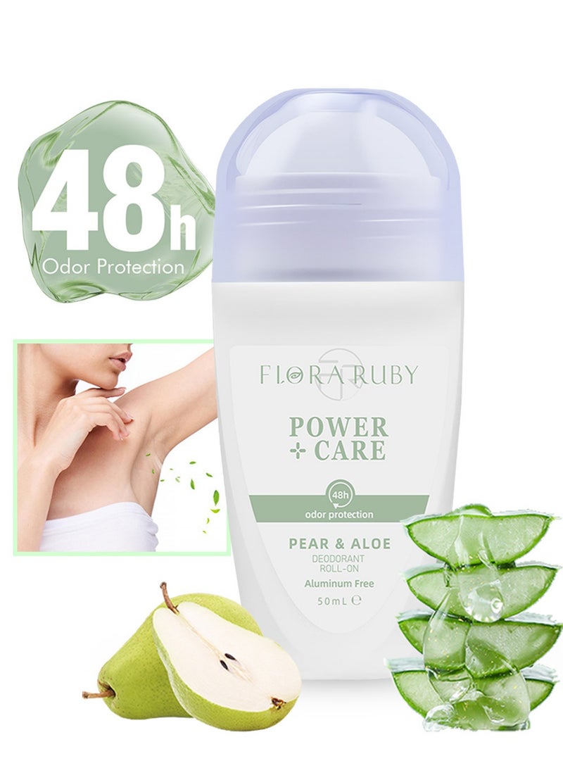 Flora Ruby رولون ديودورانت للباطن بالآلو فيرا والكمثرى 50 مل – مضاد للعرق الأصلي بحماية من الرائحة لمدة 48 ساعة | تركيبة نباتية خالية من الألومنيوم بمعصرة الآلو فيرا والكمثرى | خالية من الكحول والبارابين، رولون سلس للباطن الحساس | حملة سهلة وروحانة طازجة وجفاف طوال اليوم - Image 1